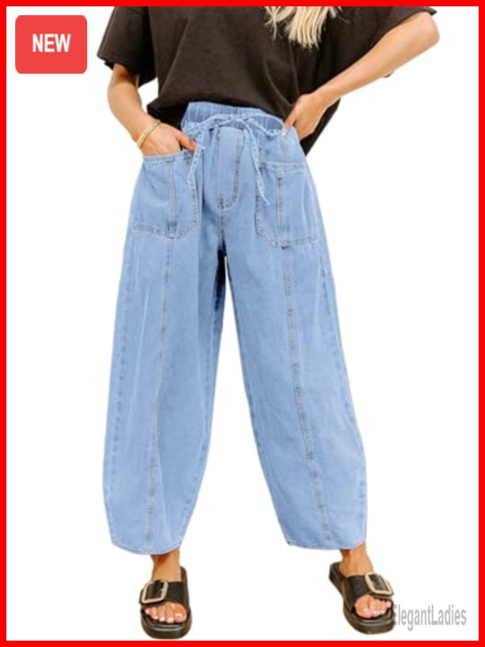 Women's Barrel Jeans Drawstring Baggy Denim Pants High Rise Stretchy